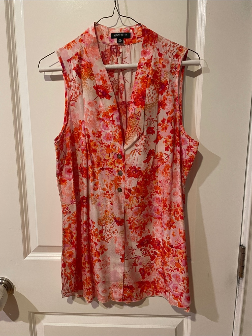 Etcetera Tissue Silk Coral Pink & Red Floral Sleeveless V-Neck Blouse, 12